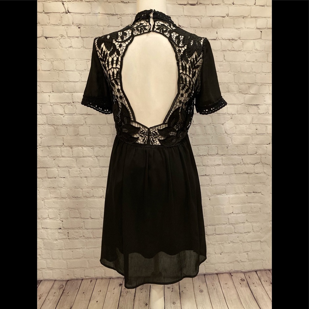 Entro Black backless dress, antique crochet, small